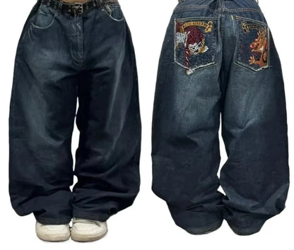 Harajuku Vintage Hip-hop Pop Letters Embroidered Washed Baggy Jeans Ladies Y2K Gothic Fashion Casual High Waist Wide Leg Pants