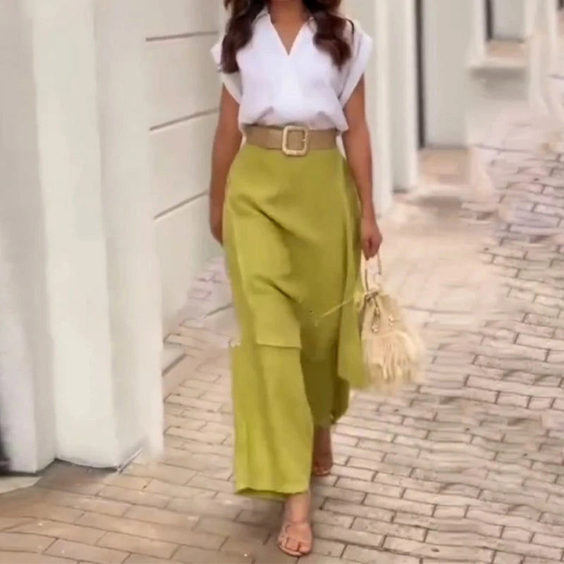 Womens Summer 2 Piece Outfits 2026 Elegant V-neck Short Sleeved Top & Skirt Wide Leg Pants Fashion Casual Female Two Piece Sets