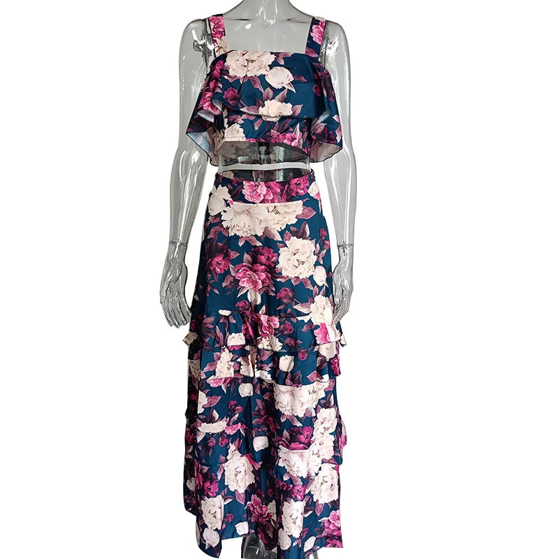 Women Sexy Spaghetti Strap Backless Short Top High Waist Ruffles Stitching Skirt Suit Summer Fashion Vacation Printed Suit