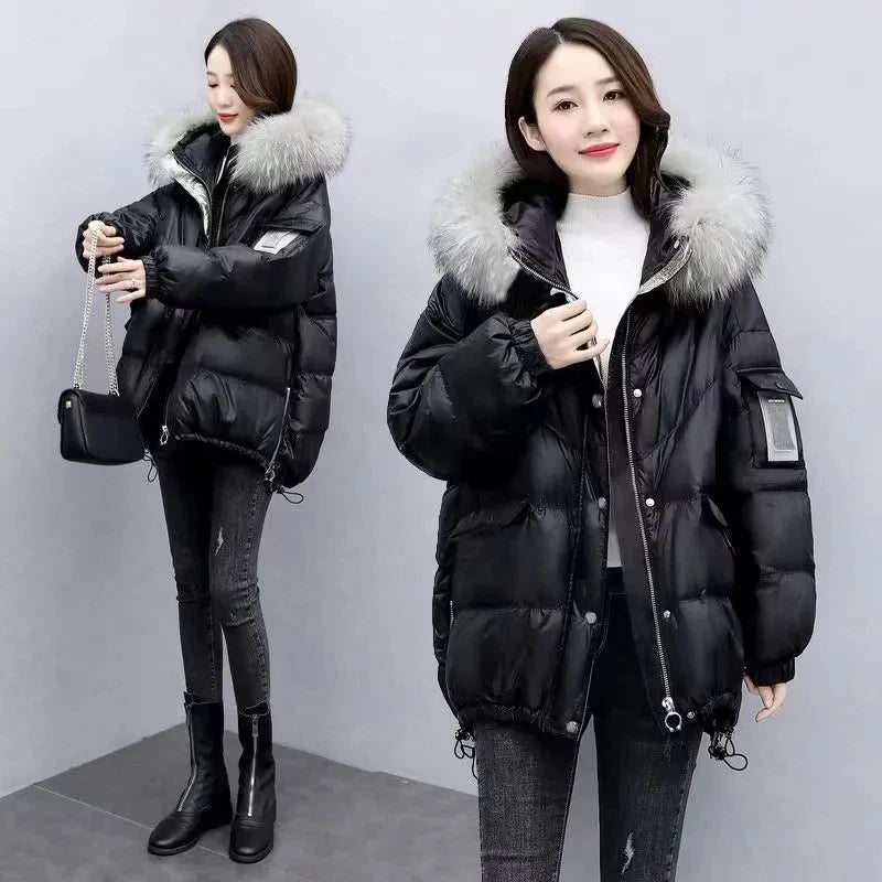 2025 Winter New Warm Down Cotton Jacket With Large Fur collar Hooded Coat Loose Women Thicken Parker Puffer Overcoat Casual wear