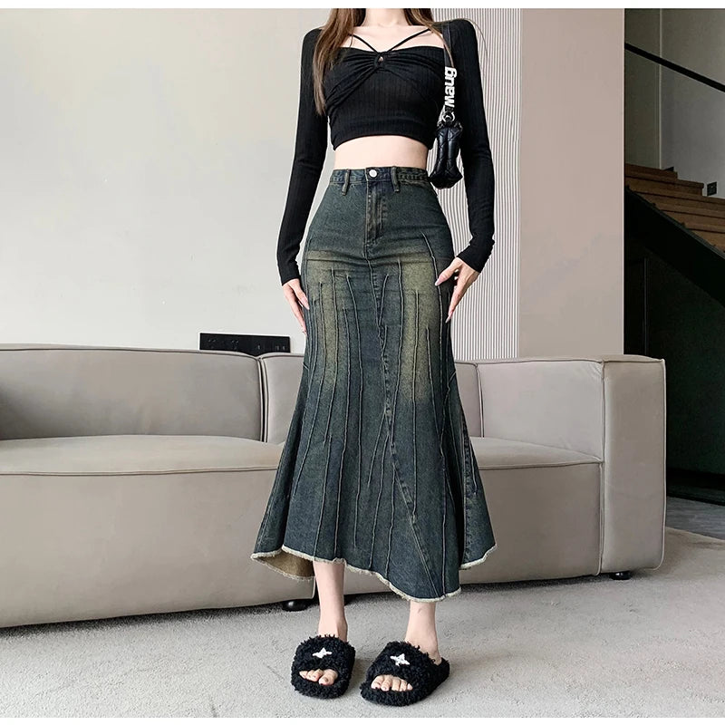Vintage Ripped Women Mermaid Skirt 2026 New Fashion Y2K Streetwear Jeans Skirts Female Retro Casual Irregular Hip Skirts Denim