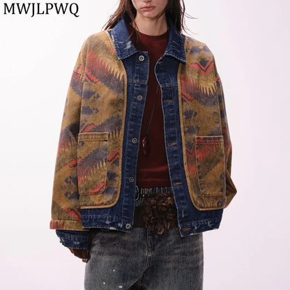 MWJLPWQ Trendy Jacquard Design Male Denim Jacket American Street Style Lapel Personalized Washed Tops 2025 Autumn New 20993