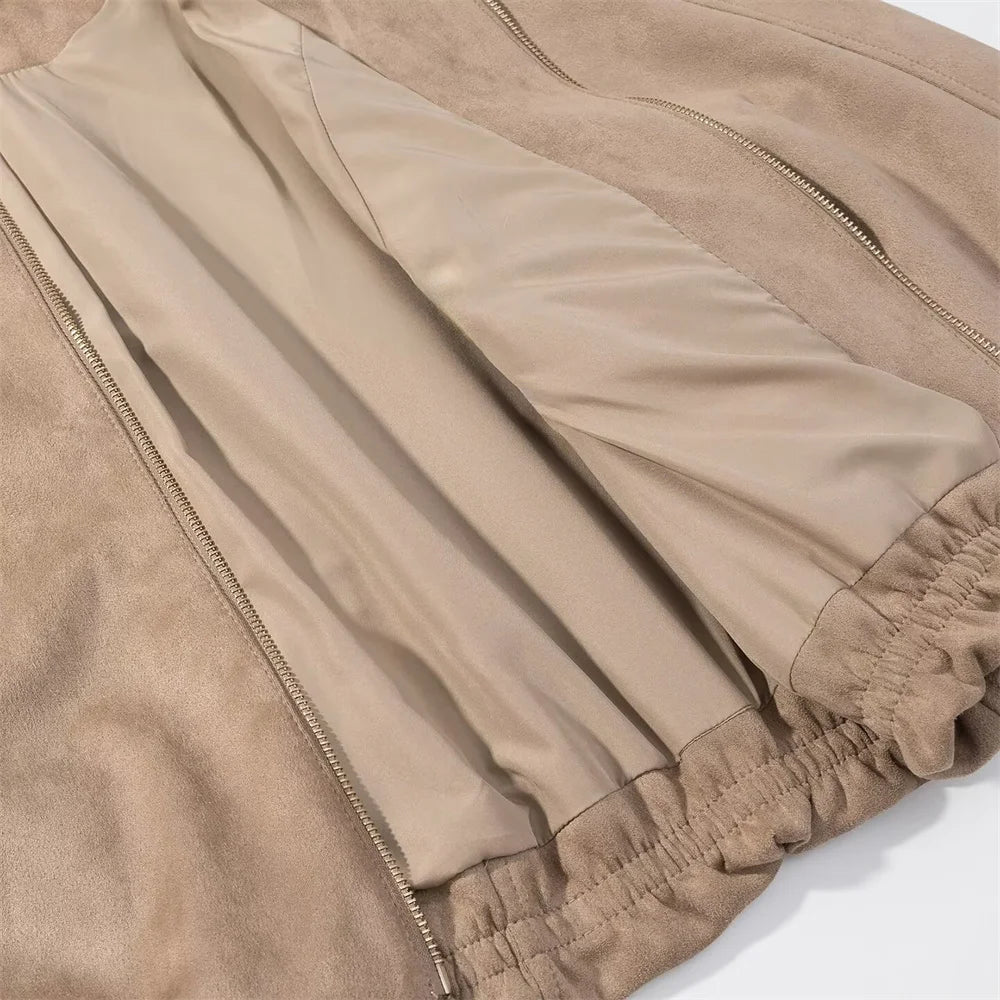 New autumn and winter women's casual loose suede texture effect hooded long sleeved solid color pilot jacket jacket