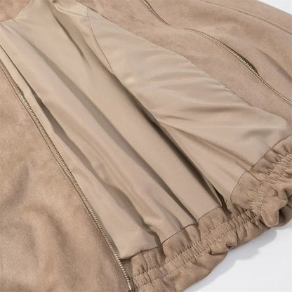 New autumn and winter women's casual loose suede texture effect hooded long sleeved solid color pilot jacket jacket