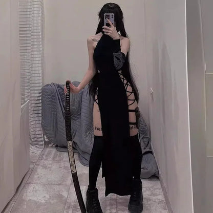 Goth Dark Cosplay High Split Sexy Bandage Women Dresses Y2K Mall Gothic Halter Slim Midi Dress Black Grunge Style Alt Partywear