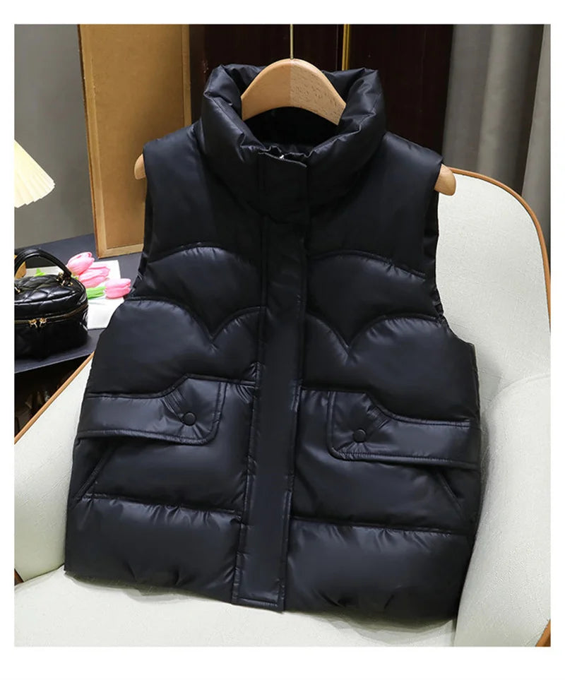 Down Cotton Vest Women 2025 New Autumn Winter Fashion Stand Collar All-Match Warm Sleeveless Waistcoat Jacket Ladies Female Tops