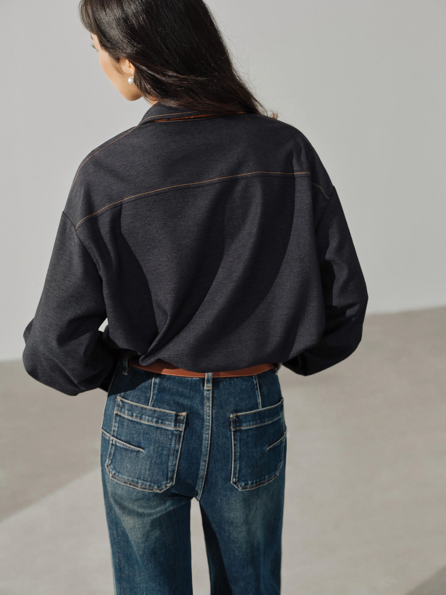 Casual Contrast Stitch Shirt Jacket Loose Long Sleeve Blouse for Women Stylish Collared Overshirt for Autumn Layered Slim Look