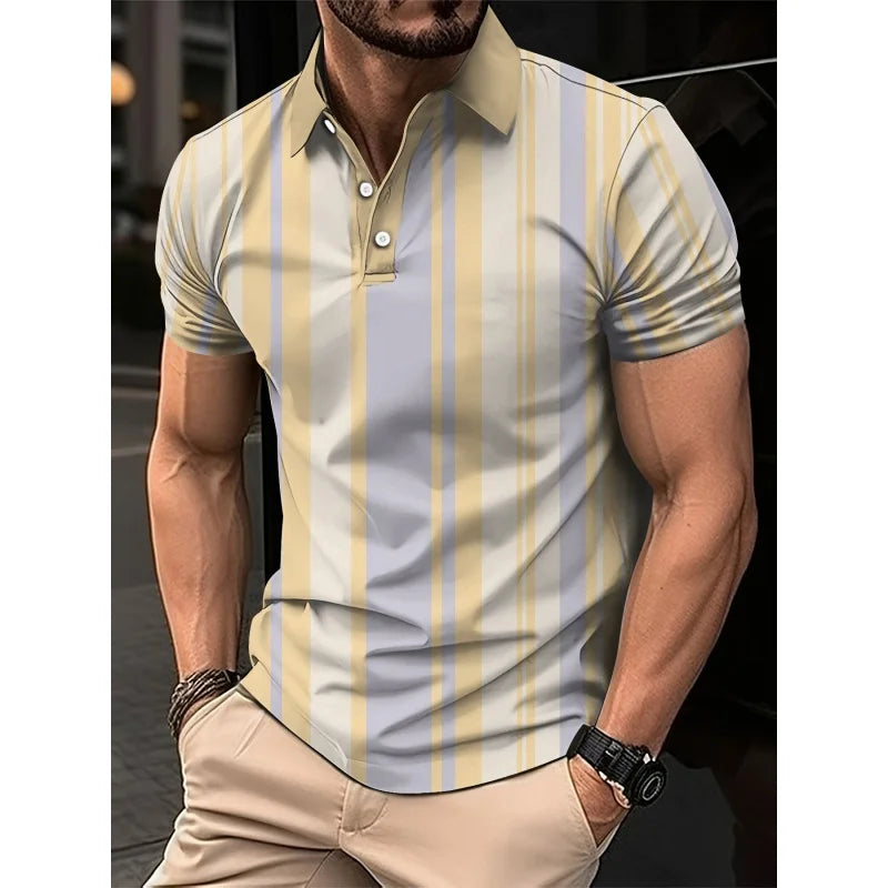 3D Print Stripes Color Block Polo Shirt For Men Colorful Pattern T-Shirts Summer Loose Street Lapel Top Button Short Sleeve Tees