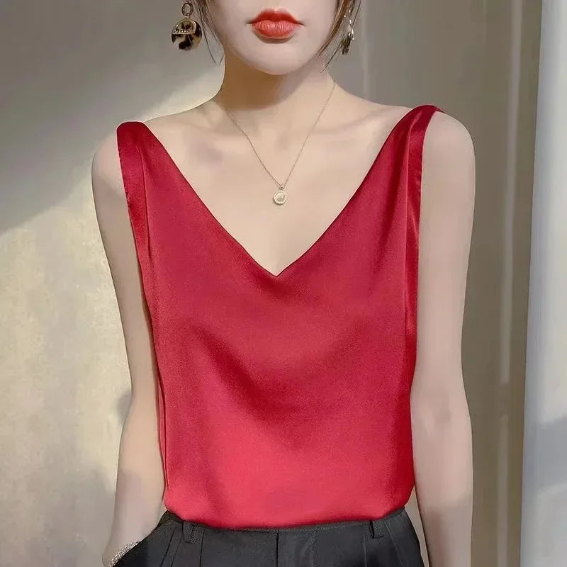 Woman T-shirts Elegant SILK Satin Blouse Sleeveless Female Summer 2026 Casual Loose Tanks and Camis Solid Green Tops for Women