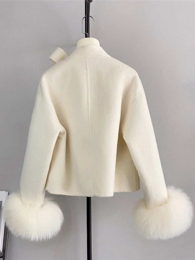 2025 & 2026 New Winter Real Natural Fox Fur Cuff Coat Ladies Outwear Female Coat Cashmere Wool Woolen Women Luxury Jacket