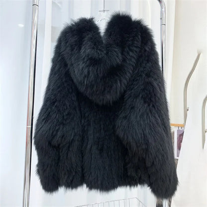 Fox Fur Coat Women's Winter Fashion Warm 100% Fox Fur Coat Hooded Long Sleeved Sweet Women's Luxury Designer Coat