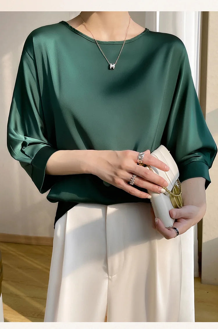 New In Summer Satin Silk Half-Sleeve Tee Tops Basic Solid Women‘s T-Shirt Casual O-neck Thin Shirts Ladies Loose Blouses