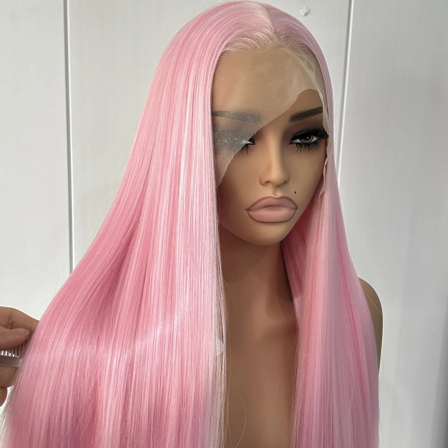 Light Pink Long Silky Straight Synthetic Lace Front Wig Free Part Pastel Pink Heat Resistant Fiber Wigs for Women Daily Party