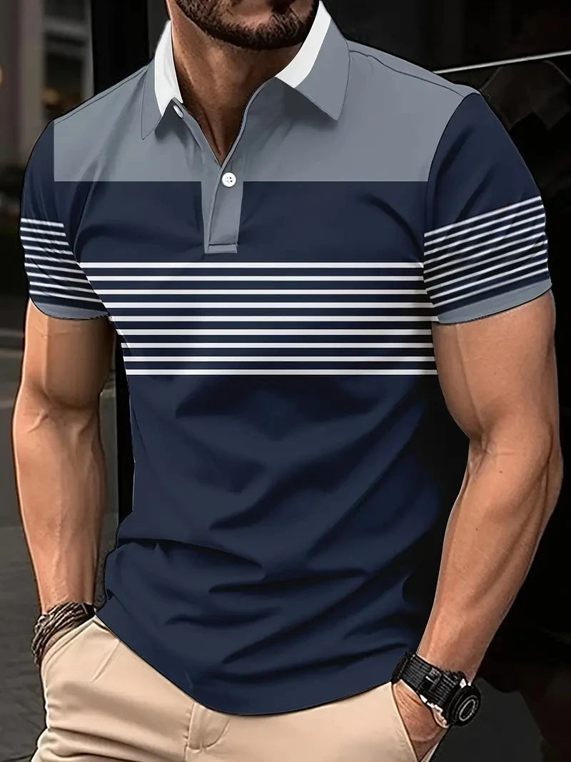 2025 New Men's Summer Short Clothes Sleeved Lapel 3D Digital Printed Striped Polo Shirt Men's Business Casual Top Clothes