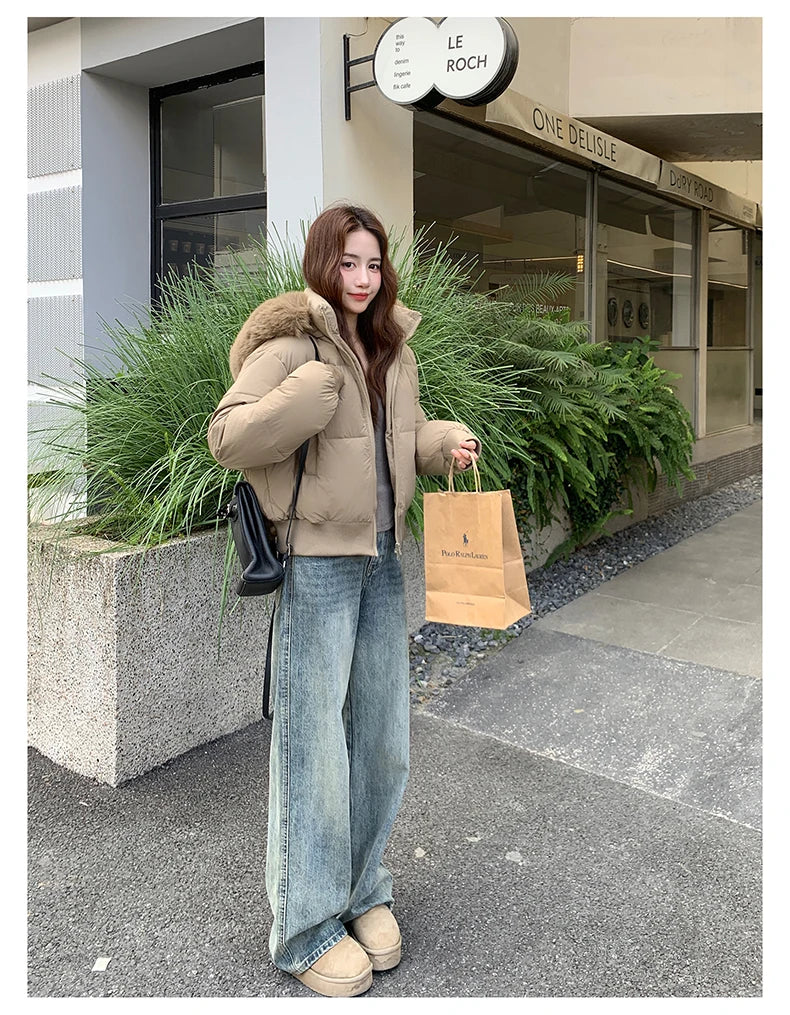 Casual Warm Fur Hooded Cropped Parkas Chic Streetwear Korean Style Down Cotton Coat Thicken Short Women's Winter 2025 Jacket