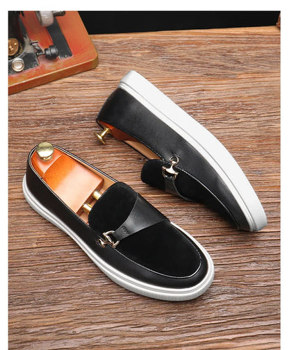 Men's Suede Casual Shoes Embossed Leather Men Fashion Buckle Loafers Mens Slip-on Board Shoes Outdoor Flats Big Size 38-46