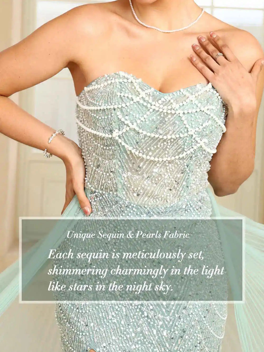 FATAPAESE Glamour Sequin Pearls Luxury Evening Dresses Sexy Tulle Train Party Dress for Wedding Charity Prom Award Ceremony