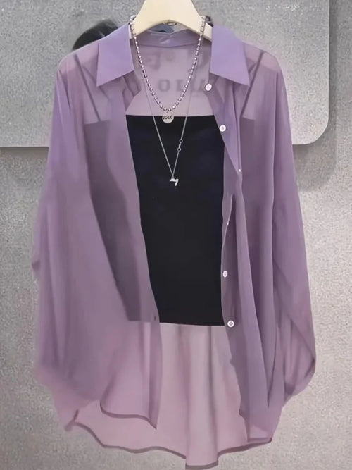 Plus Size Women’s Shirts 2025 Summer Breathable and Sun-Proof Ice Silk with Button Thin Loose Sheer Chiffon Blouses Long Sleeve