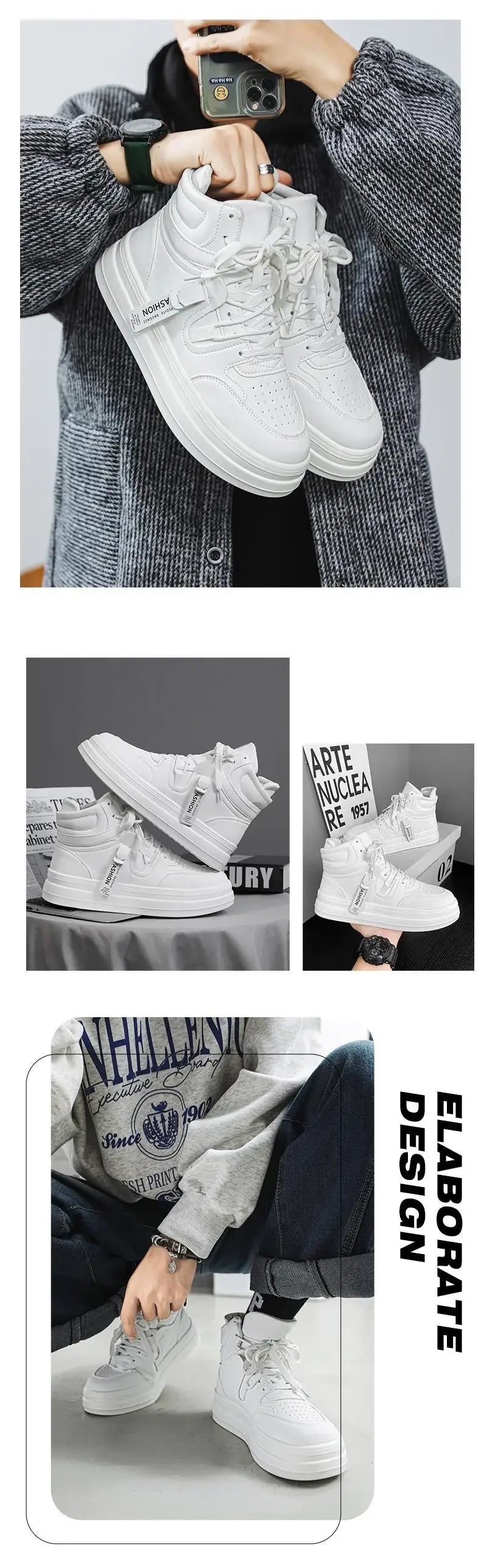 New Autumn/Winter Men's Casual Sneakers 12cm Increased Height 10cm Thick Sole White Shoes High Top Rubber Base Male Footwear