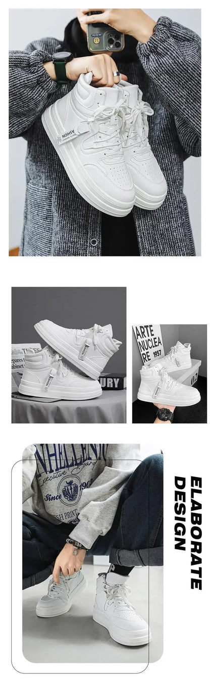 New Autumn/Winter Men's Casual Sneakers 12cm Increased Height 10cm Thick Sole White Shoes High Top Rubber Base Male Footwear