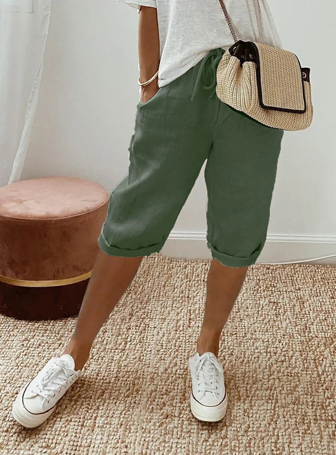 Women Cotton Linen Harem Knee Length Pants Summer High Elastic Drawstring Pocket Solid Color Shorts LRFZ-911