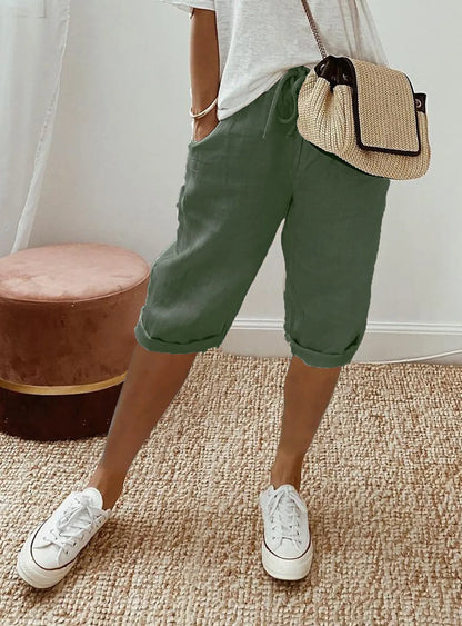 Women Cotton Linen Harem Knee Length Pants Summer High Elastic Drawstring Pocket Solid Color Shorts LRFZ-911