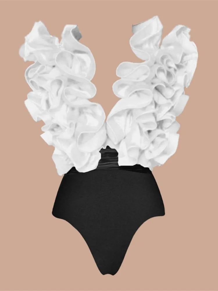 Bikini Bodysuit Swimwear Women With Skirt Bathing Suit Summer New Ruffle Splice Print Beachwear Holiday Bikini Cover Ups Outfits