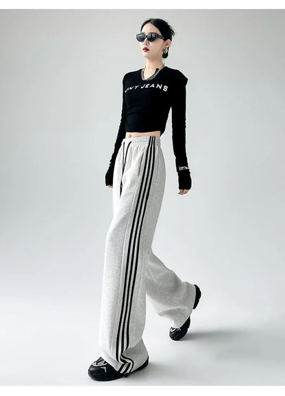 Black Striped Sports Pants Women's Spring Autumn Wide Leg Casual Loose High Waist Straight Leg Sweatpants