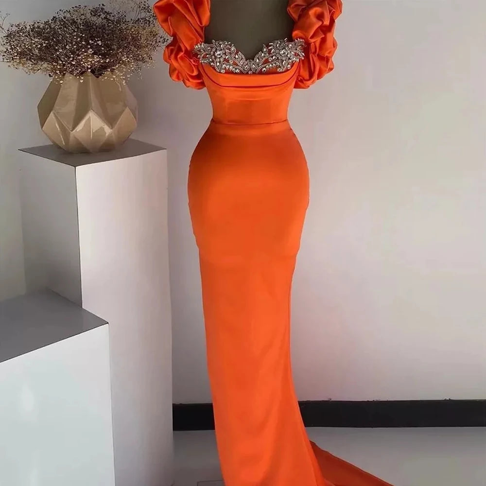 2025&2026 Prom Dress Mermaid Puff Sleeves Women's Formal Party Dresses Long Sweetheart Luxury Crystal Orange Satin Evening Gowns