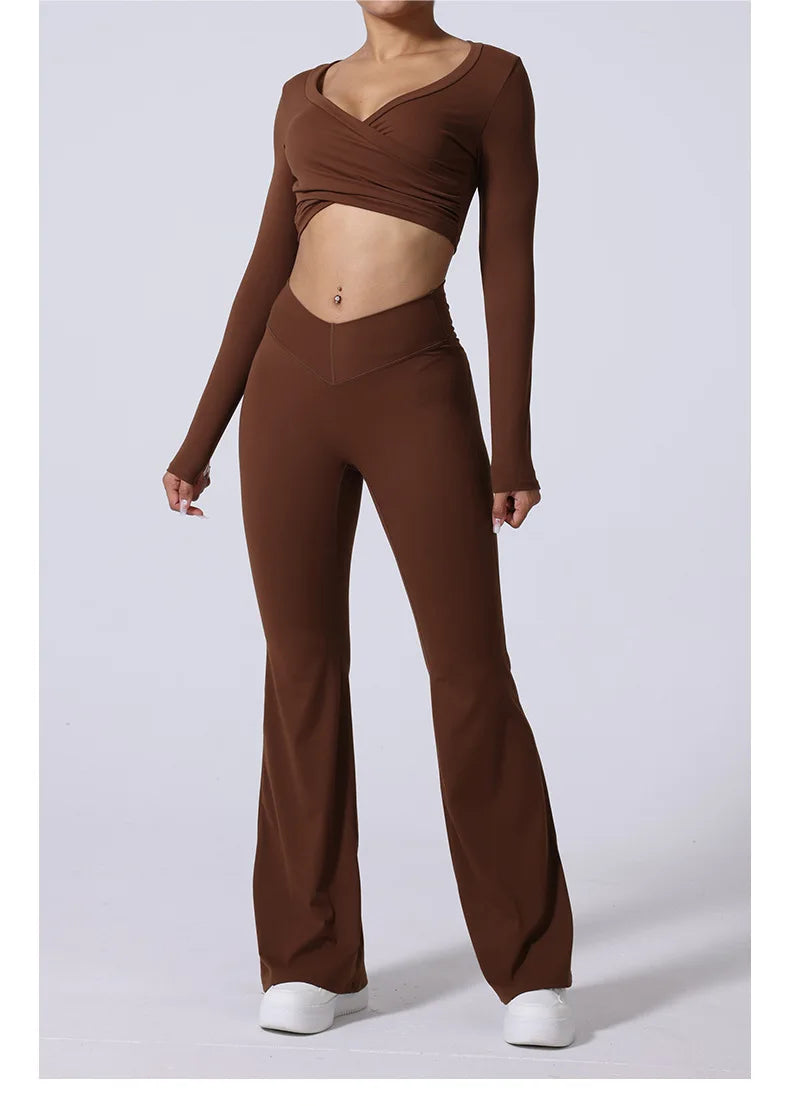 2 Pieces Wrap Front Gym Fitness Suit Women Long Sleeve Legging Workout Yoga Set Sports Bra Short Sports Clothes Tracksuit Female