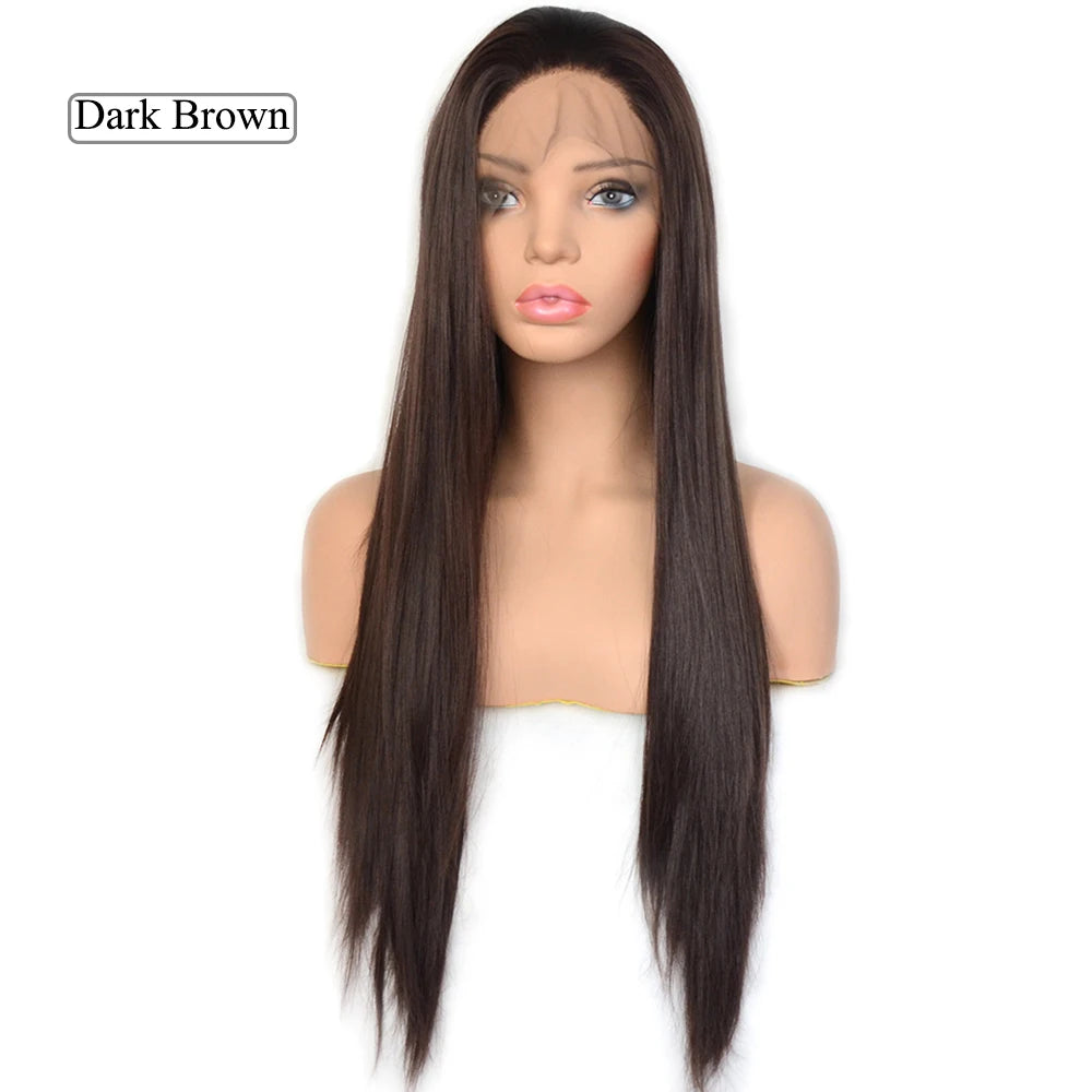 Voguequeen Platinum Blonde Synthetic Lace Front Wigs Silky Straight Heat Resistant Fiber Daily Wear For Women