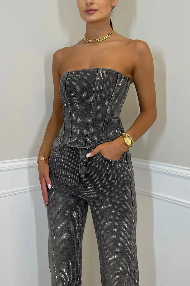 Denim Pant Set Women Two Piece Sets Sexy Strapless Sleeveless Tops Long Pants High Waist Y2k Streetwear Elegant Work 2025/2026