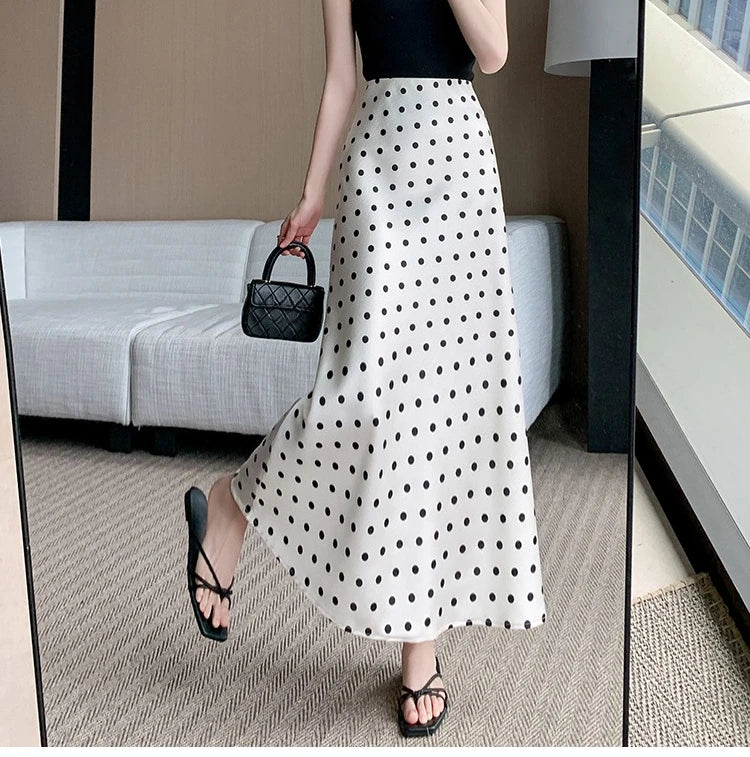Seoulish High Waist Elegant Dots Printed Satin Women's Long Fishtail Skirts New Loose Office Mermaid A-line Skirts Female