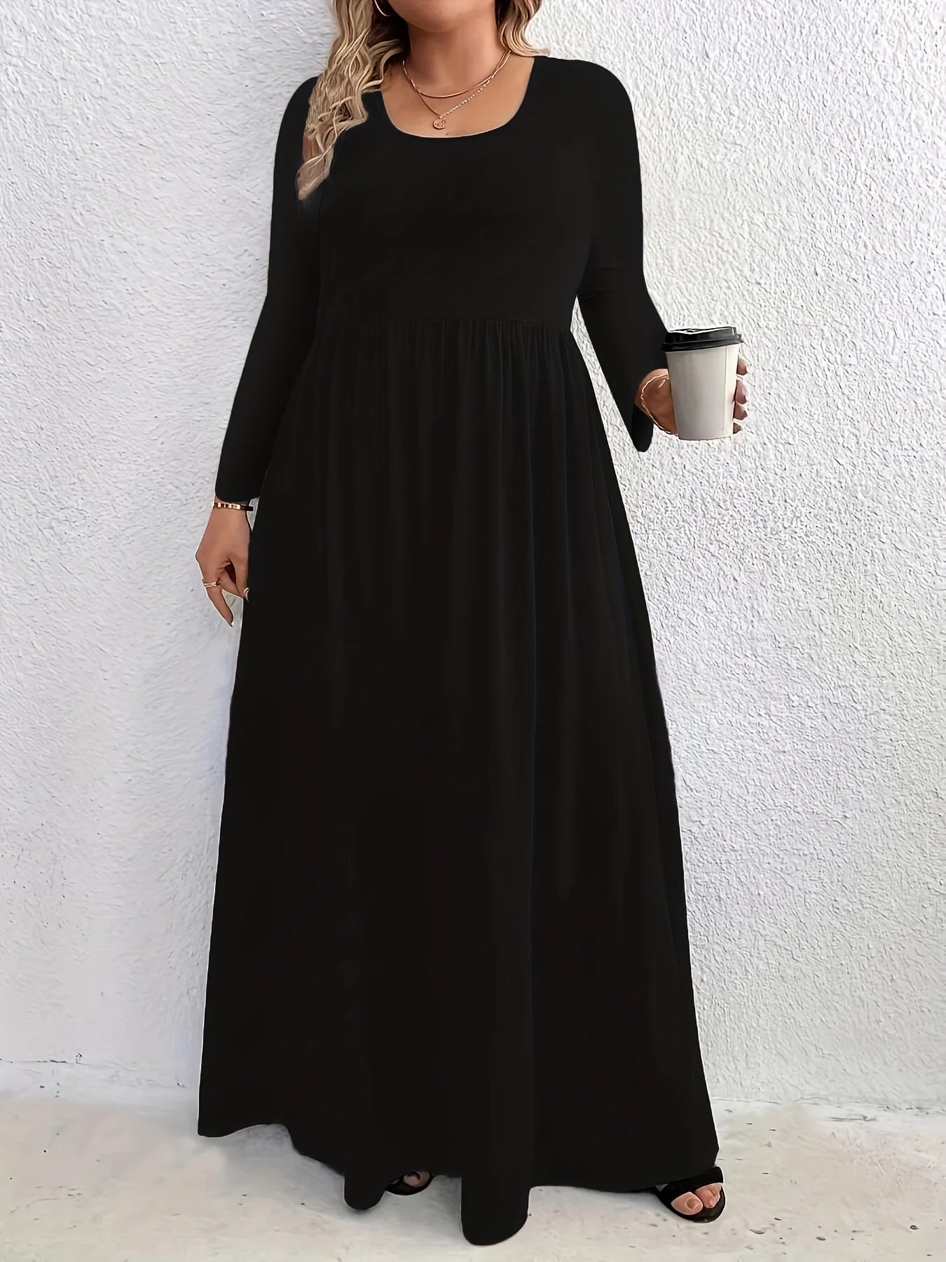 Plus Size  Europe and the United States  Fall and Winter Fashion Casual Solid Color Crew Neck Long Sleeve Dress