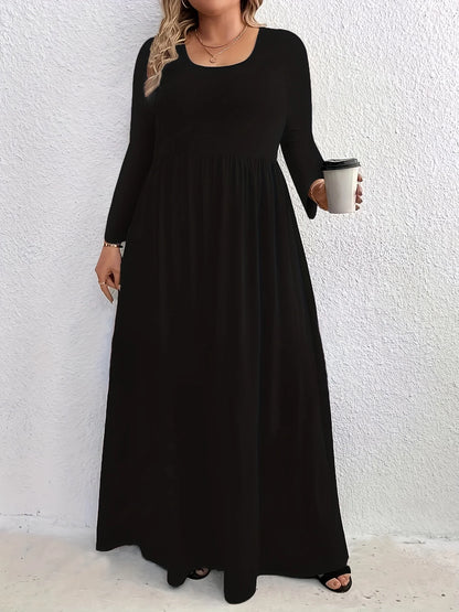 Plus Size  Europe and the United States  Fall and Winter Fashion Casual Solid Color Crew Neck Long Sleeve Dress
