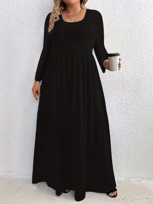 Plus Size  Europe and the United States  Fall and Winter Fashion Casual Solid Color Crew Neck Long Sleeve Dress