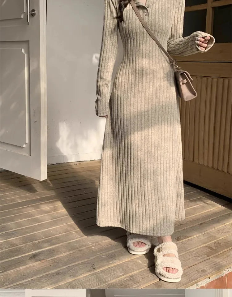 French Style Long Sleeve Knitted Dress Vintage Waist Cinching A- Line Skirt Women Autumn Winter New Arrival Slimming Inner Wear