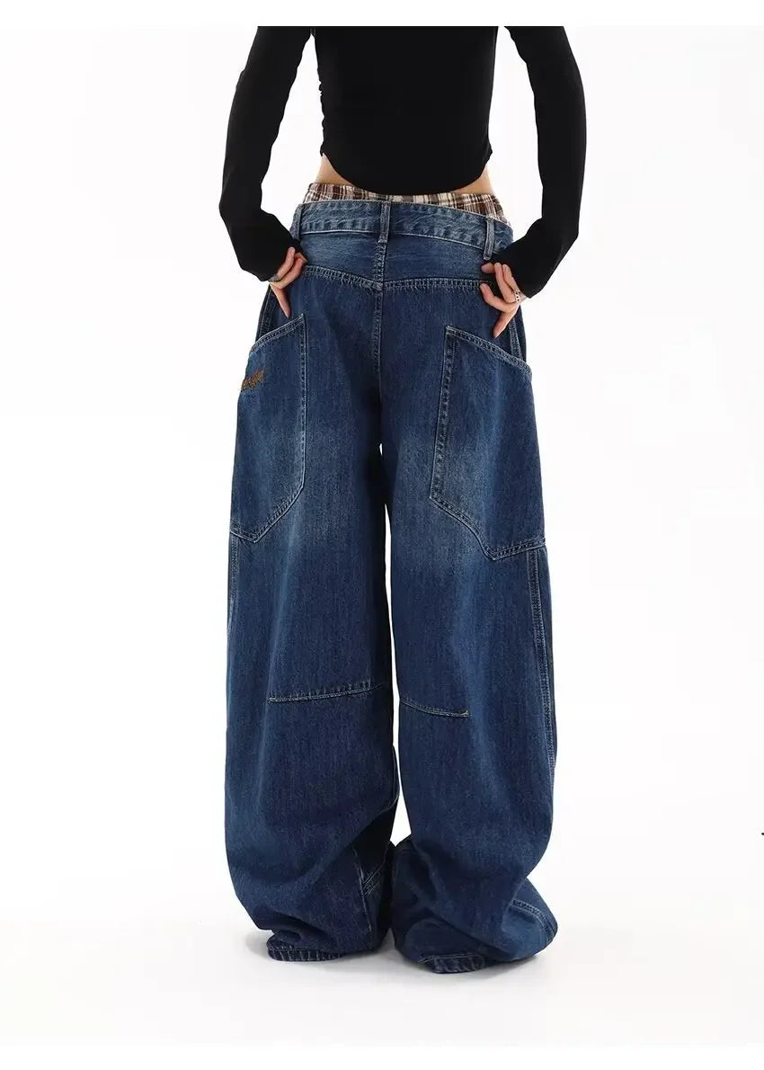 American Retro Knife Pocket Wide Leg Jeans Women's Spring Autumn Style Hot Girl High Street Design Loose Floor-Length Pants