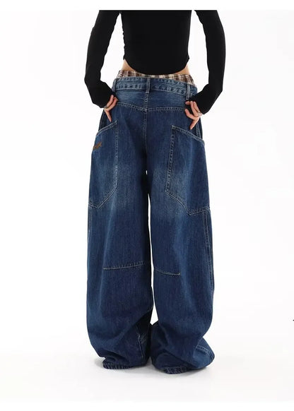 American Retro Knife Pocket Wide Leg Jeans Women's Spring Autumn Style Hot Girl High Street Design Loose Floor-Length Pants