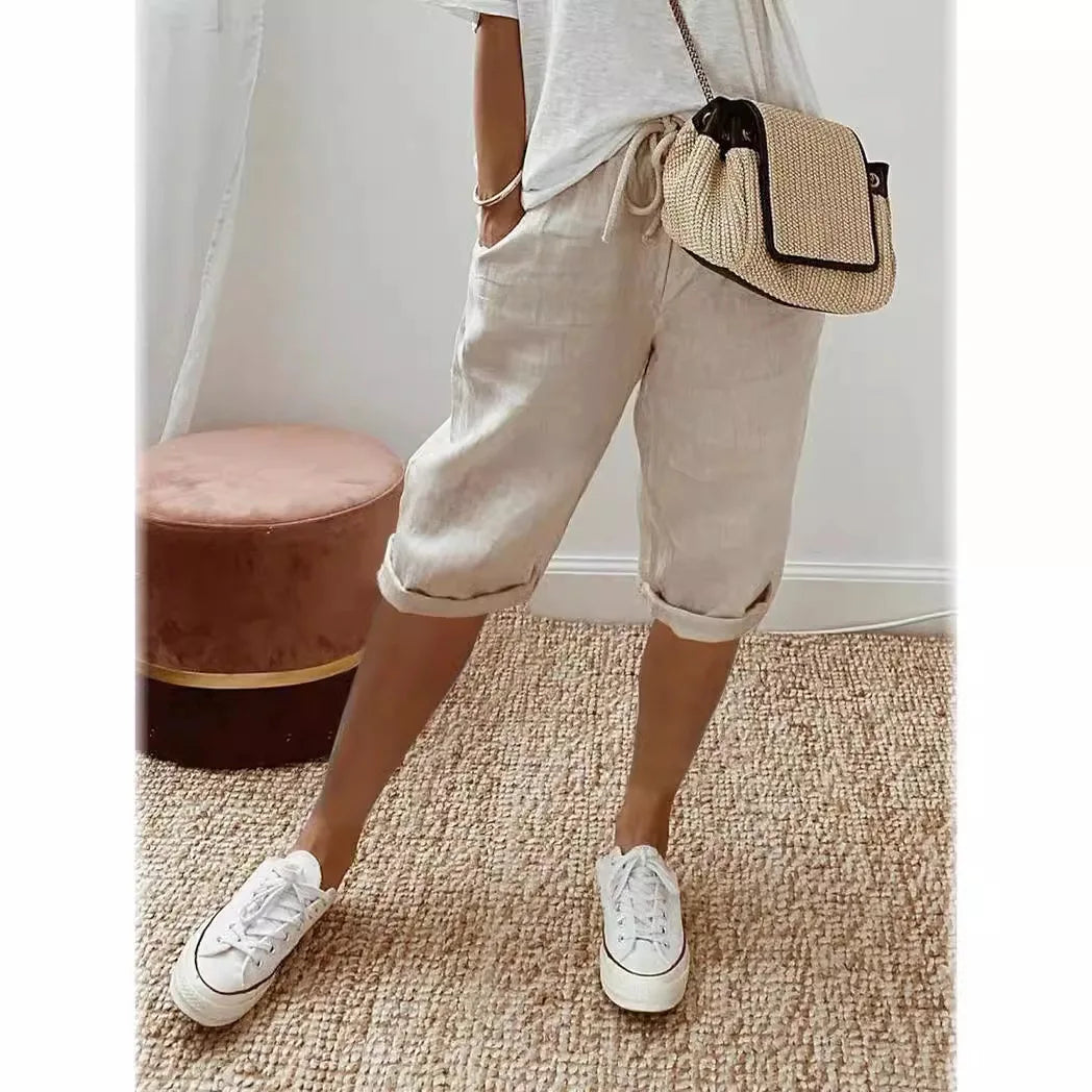 Women Cotton Linen Harem Knee Length Pants Summer High Elastic Drawstring Pocket Solid Color Shorts LRFZ-911