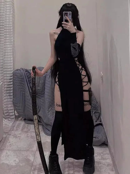 Goth Dark Cosplay High Split Sexy Bandage Women Dresses Y2K Mall Gothic Halter Slim Midi Dress Black Grunge Style Alt Partywear