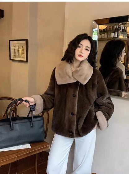 2025 New Coffee Colored Faux Mink Fur Spliced Lapel Fur Coat for Women Young and Loose