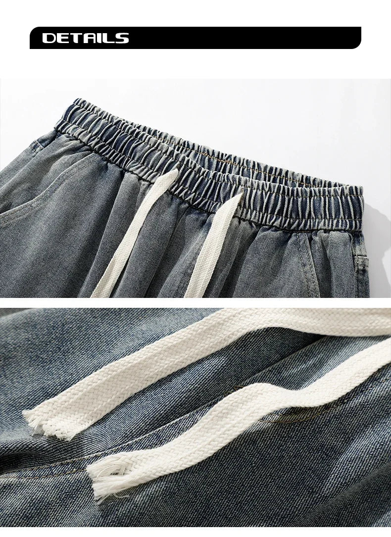 2025 Hip-hop Baggy Denim season elastic waist New Korean Men's Jeans American Loose Fit Wide-leg Straight Casual Trousers Street