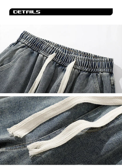 2025 Hip-hop Baggy Denim season elastic waist New Korean Men's Jeans American Loose Fit Wide-leg Straight Casual Trousers Street