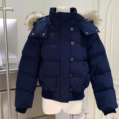 Autumn Winter Fur Hooded Jacket Women Outerwear Thick Dowon Cotton Padded Slim Short Parkas Female Cropped Puffer Bubble Coat