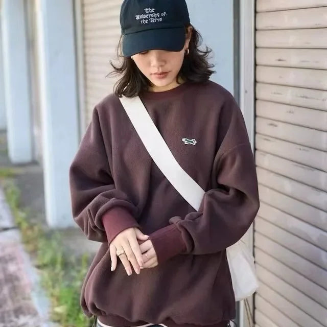 Double-Faced Fleece Sweatshirt with Corded Hemline And Embroidery round Neck Women's Fashion Brand Sweatshirt from Freak's Store