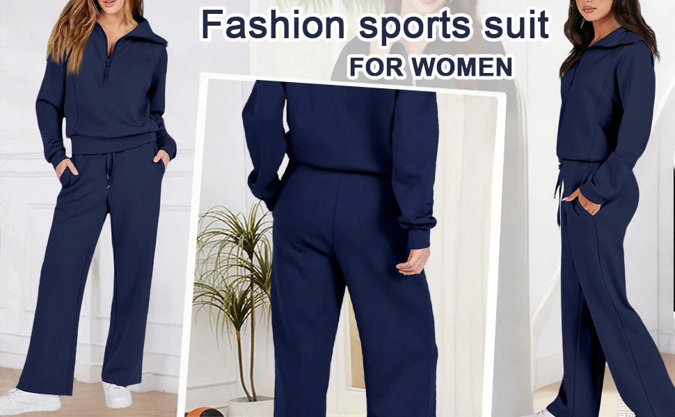 Solid Two-piece set Women Fashion Long Sleeve Zipper Sweater Pullover Tie up Pocket Wide Leg Pant Suit Loose Casual Sport Sets
