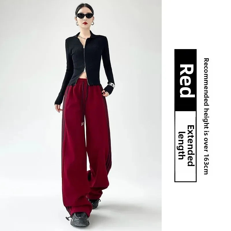Black Striped Sports Pants Women's Spring Autumn Wide Leg Casual Loose High Waist Straight Leg Sweatpants