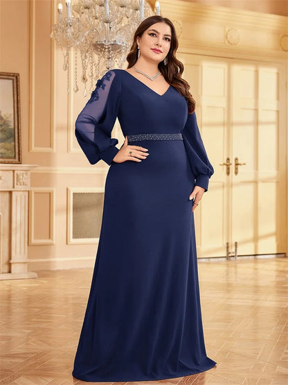 XUIBOL Plus Size Elegant Blue Applique Evening Dress 2026 Women Formal Maxi Prom Long Sleeves Party Dress Luxury Cocktail Prom