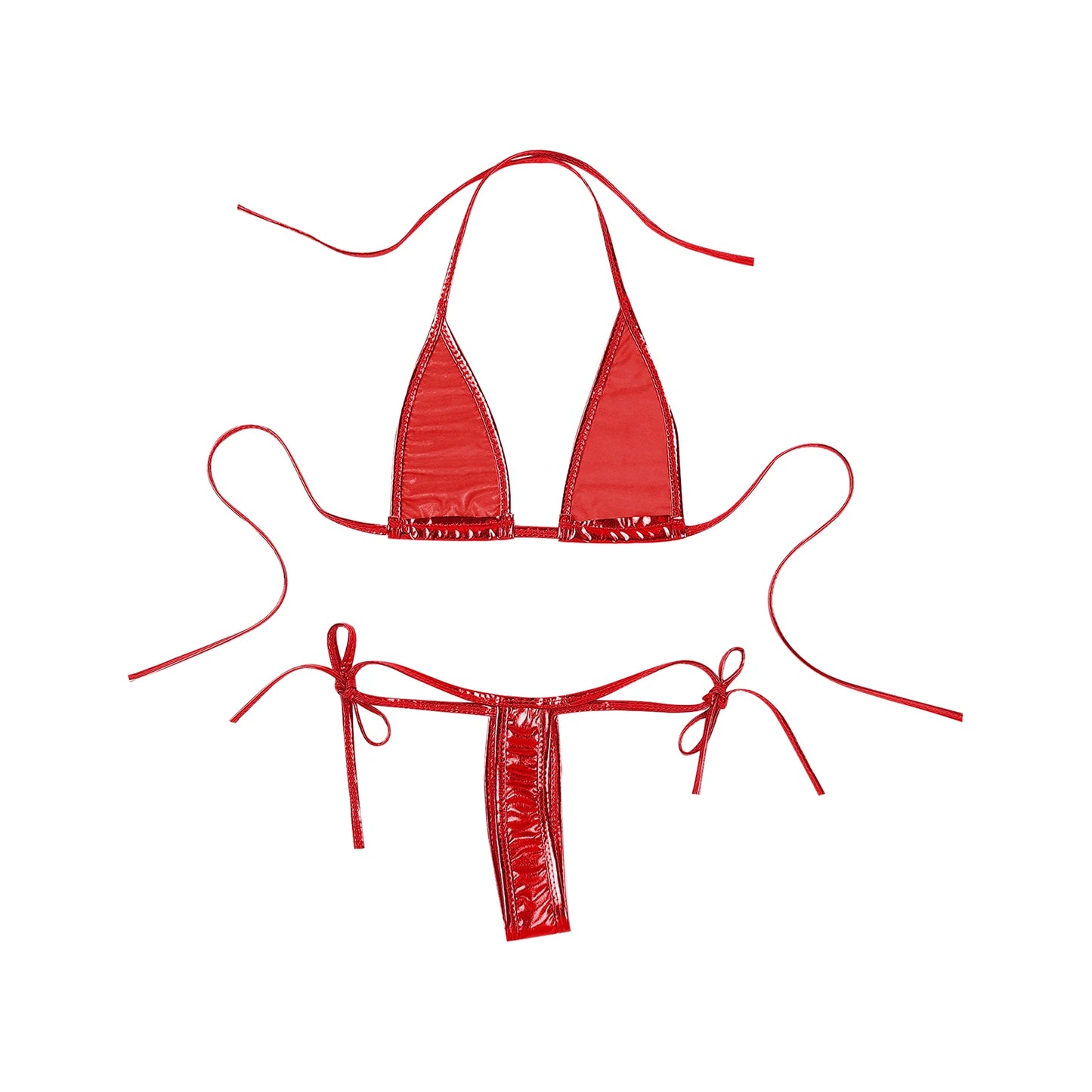 Womens Brazilian Micro Bikini Swimsuit Biquini Set Lacing Non-Padded Triangle Cup Bra Top with G-String Metallic Shiny Swimwear